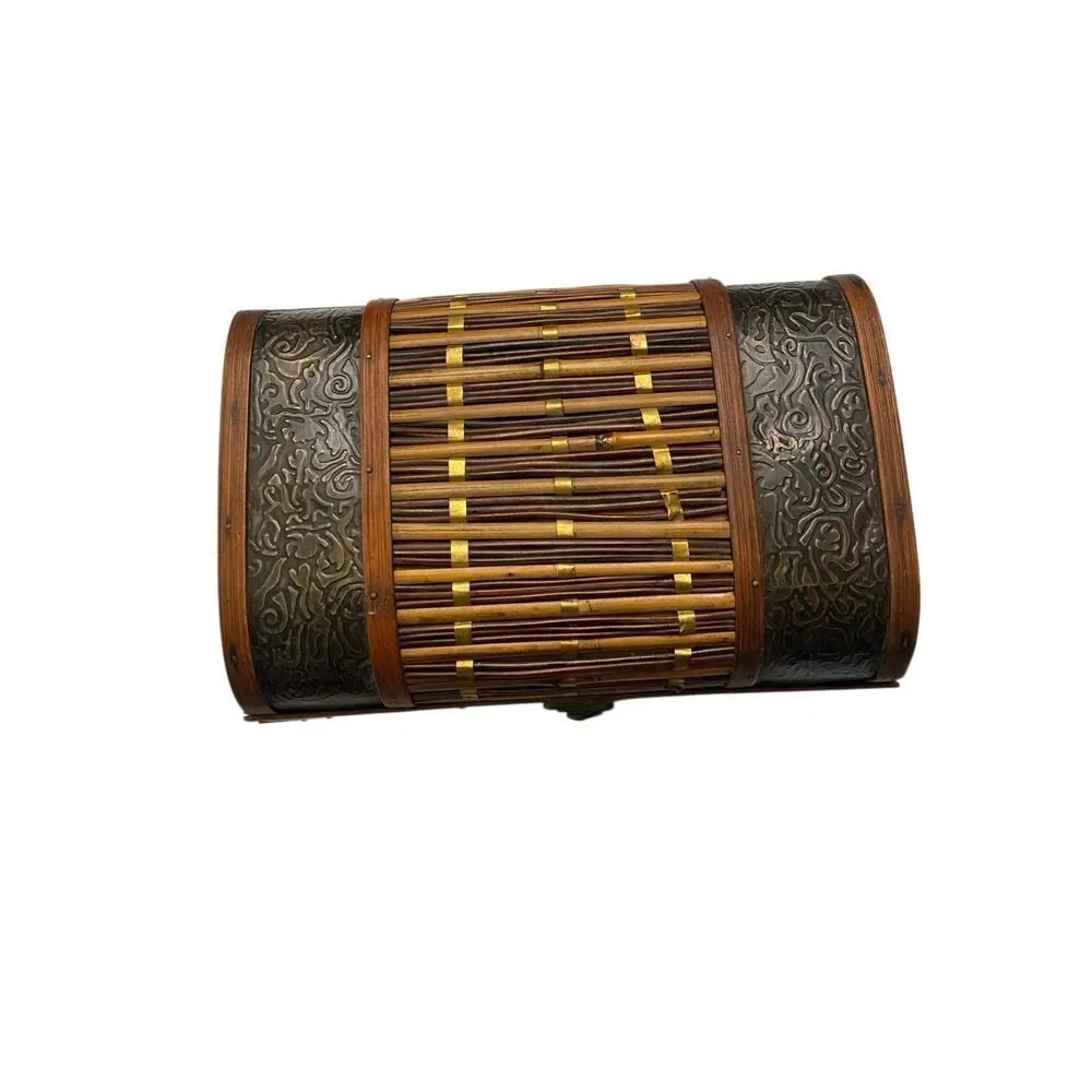 Interior Accents Vintage Asian Wooden Storage Treasure Chest Brown Bamboo Brass